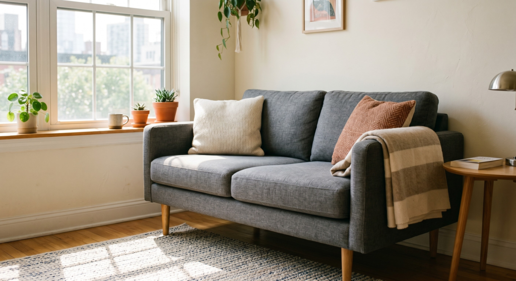 Proper rug placement in a small apartment living room to define the seating area.