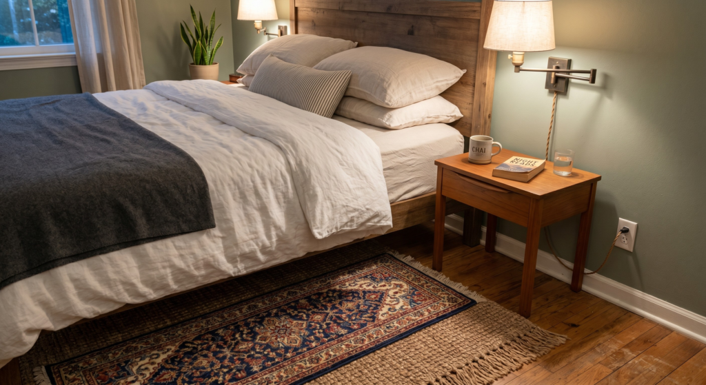 Layered rugs and plug-in wall sconce in a cozy bedroom design.
