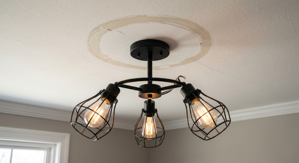 Stylish matte black overhead light fixture in a small bedroom.