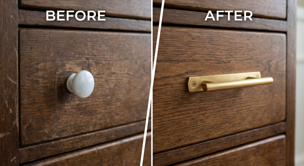 Before and after of dresser hardware upgrade with brass handles.