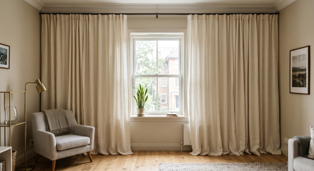 Floor-length cream curtains hung high to make a small window look larger.