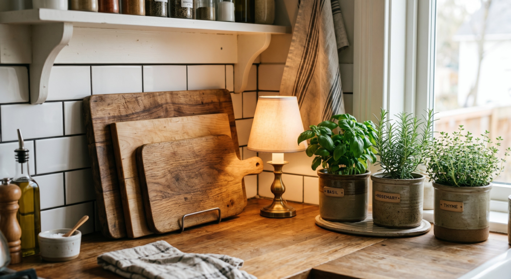 Cozy kitchen counter decor with cutting boards and herb plants.