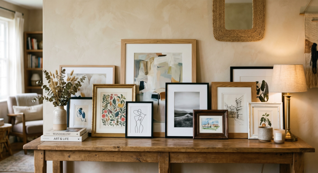 Decorative frames leaning on furniture to avoid drilling holes in apartment walls.