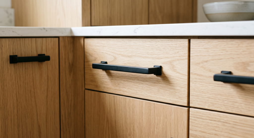 Modern matte black handles on oak kitchen cabinets.