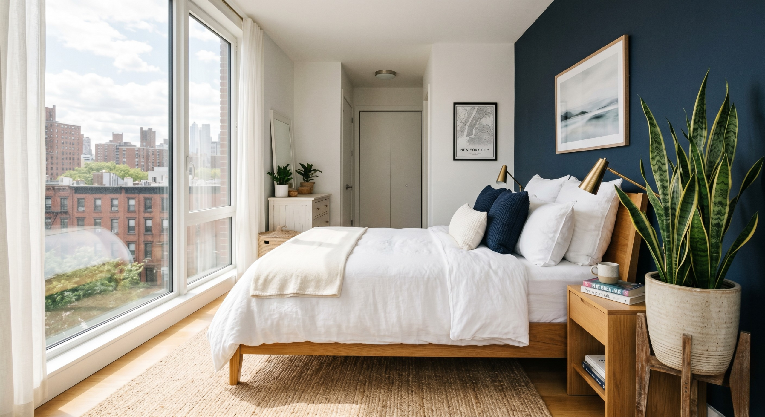 Modern bedroom makeover with navy accent wall and white bedding in a US apartment.