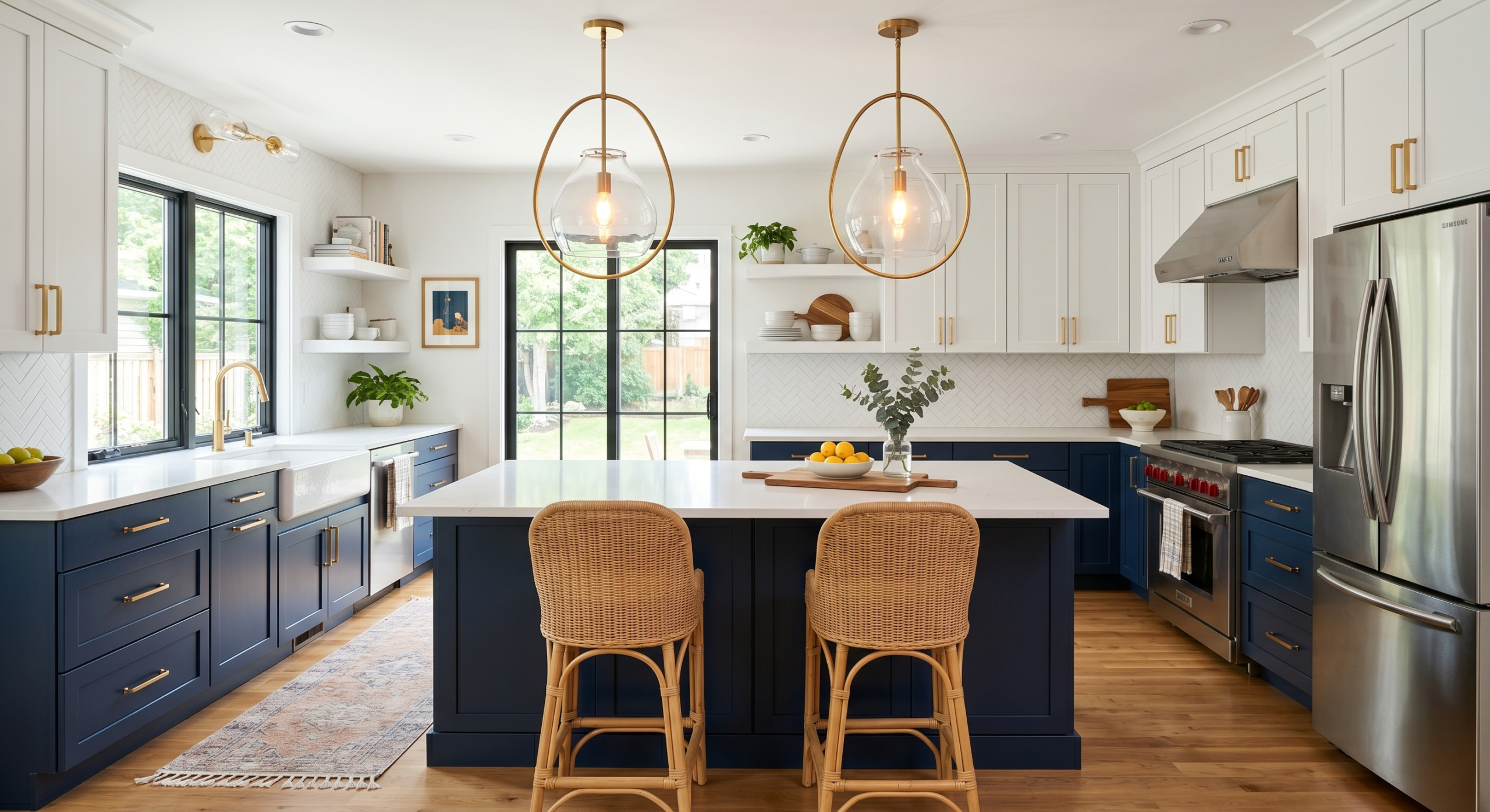 Modern two-tone kitchen with navy cabinets and gold hardware.