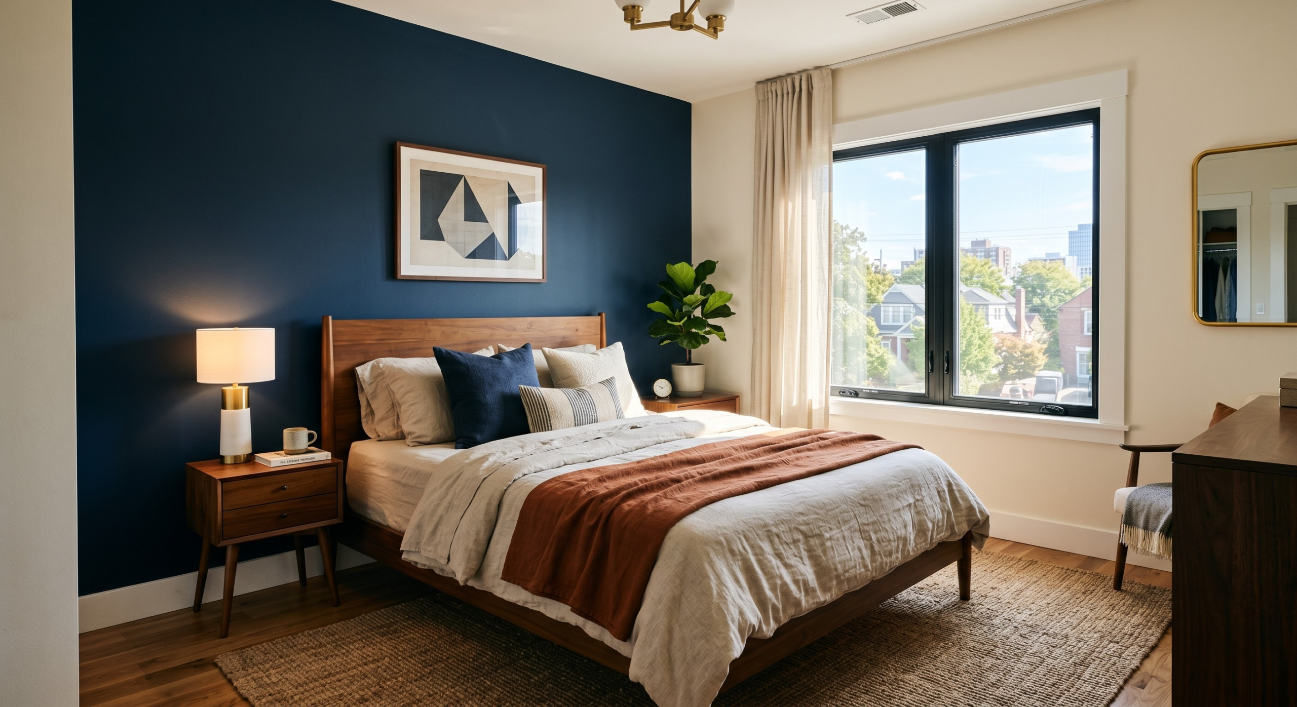 A modern bedroom with navy accent wall and mid-century furniture in a US apartment.
