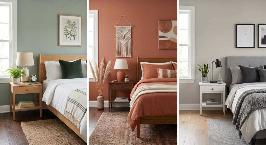 Top trending bedroom paint colors including sage green and greige.