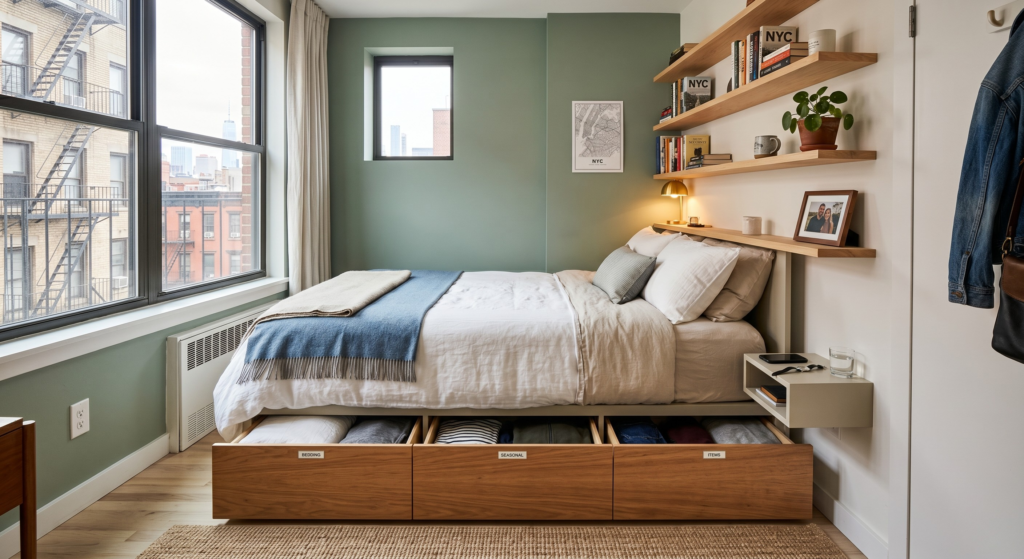Small apartment bedroom layout with storage solutions and floating shelves.