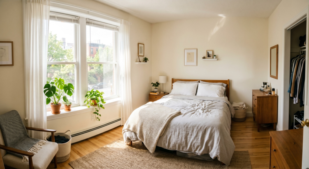 Optimal furniture layout for a small apartment bedroom in the US.