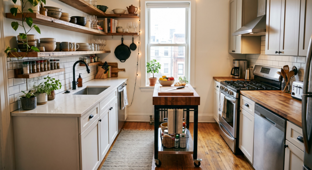 A galley-style apartment kitchen featuring open shelving and a rolling butcher block cart
