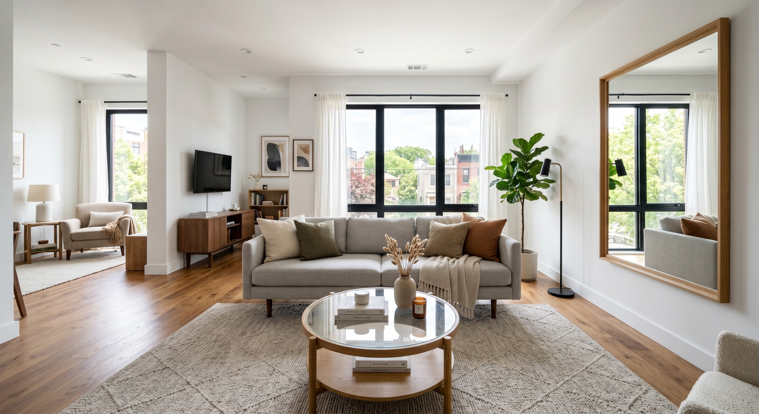 Modern small living room layout in a US apartment with a slim sofa and large mirror.