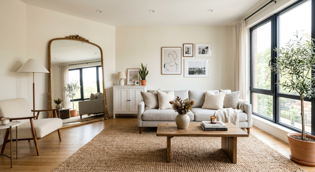 Rental-friendly small living room ideas for apartments in the US showing a cozy, damage-free layout.