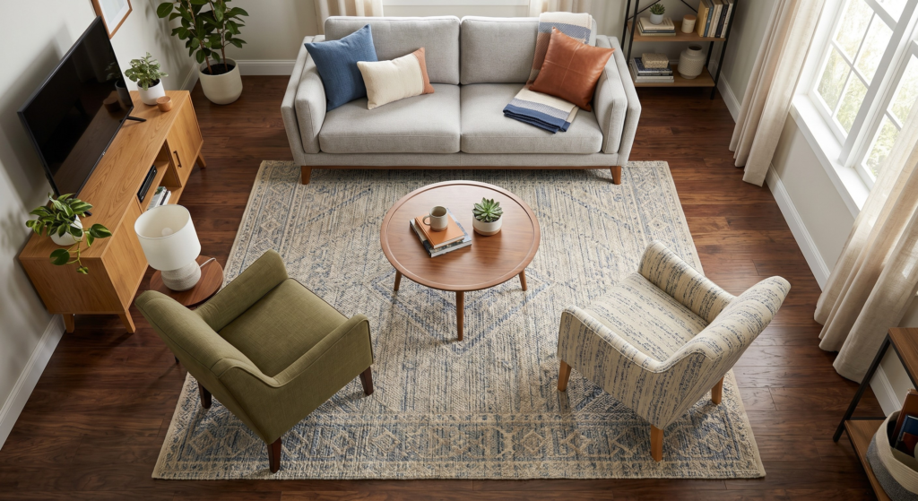 Proper rug placement in a small apartment living room to define the seating area.