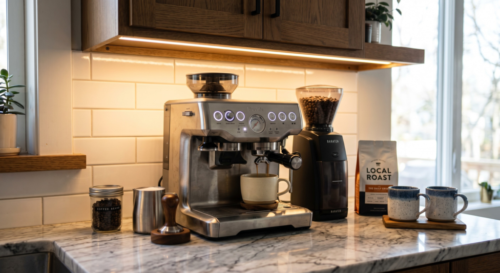 A close-up of under-cabinet LED lighting illuminating a marble countertop with a coffee station.