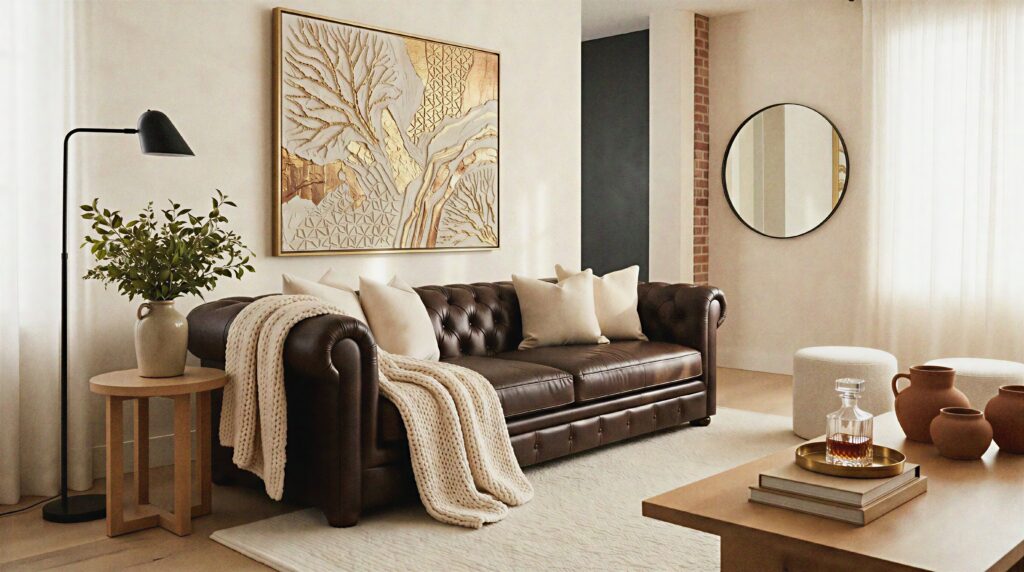 Modern living room featuring a premium brown chesterfield leather couch styled with soft cream knit blankets, neutral cushions, a luxury textured gold leaf wall art, and elegant minimalist decor.