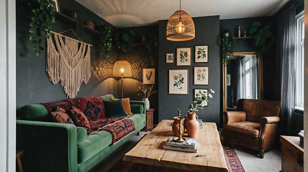 Moody dark bohemian living room featuring a plush emerald green velvet sofa, charcoal gray walls, reclaimed raw wood coffee table, vintage patterned rugs, cream macrame wall hanging, and warm amber rattan pendant lighting.