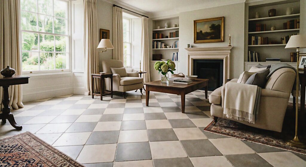Elegant living room displaying an antique chequerboard pattern floor using soft ivory and gray limestone tiles.