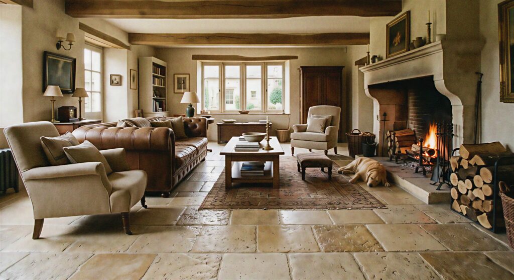 Upscale rustic living room featuring authentic antique tumbled French limestone flagstone flooring with soft textures.