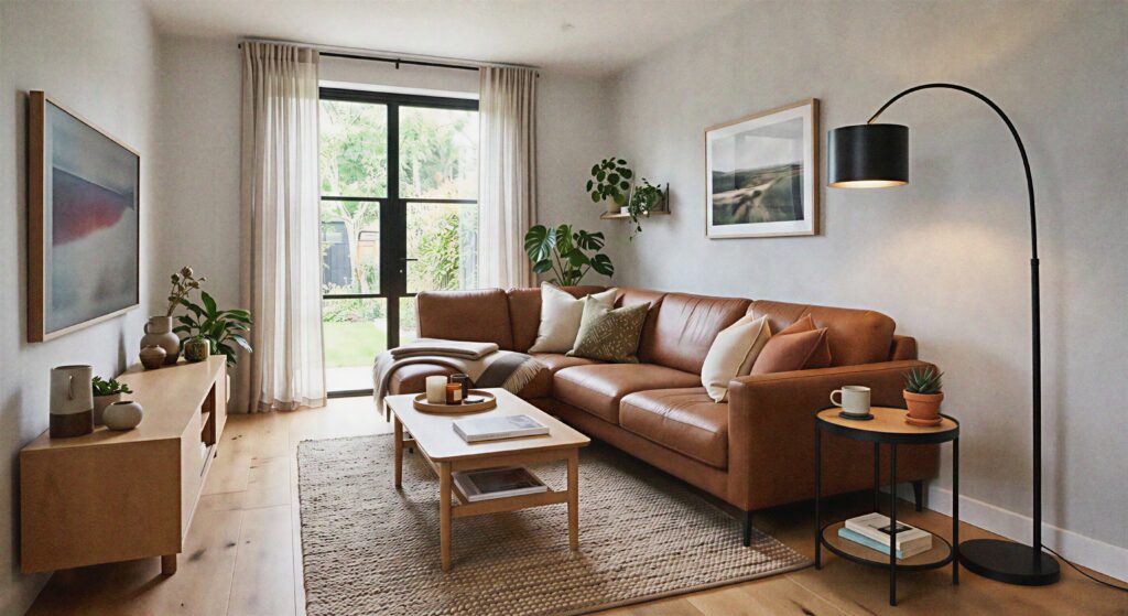 Modern living room with a brown sofa and matte black metal floor lamp.