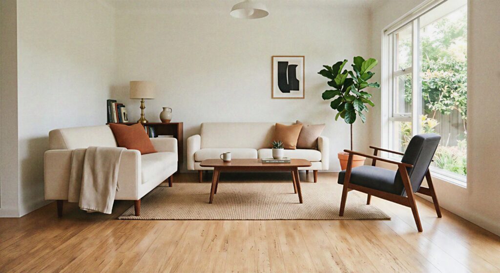 Bright minimalist living room showing comfortable bleached cork plank flooring with mid-century modern seating.