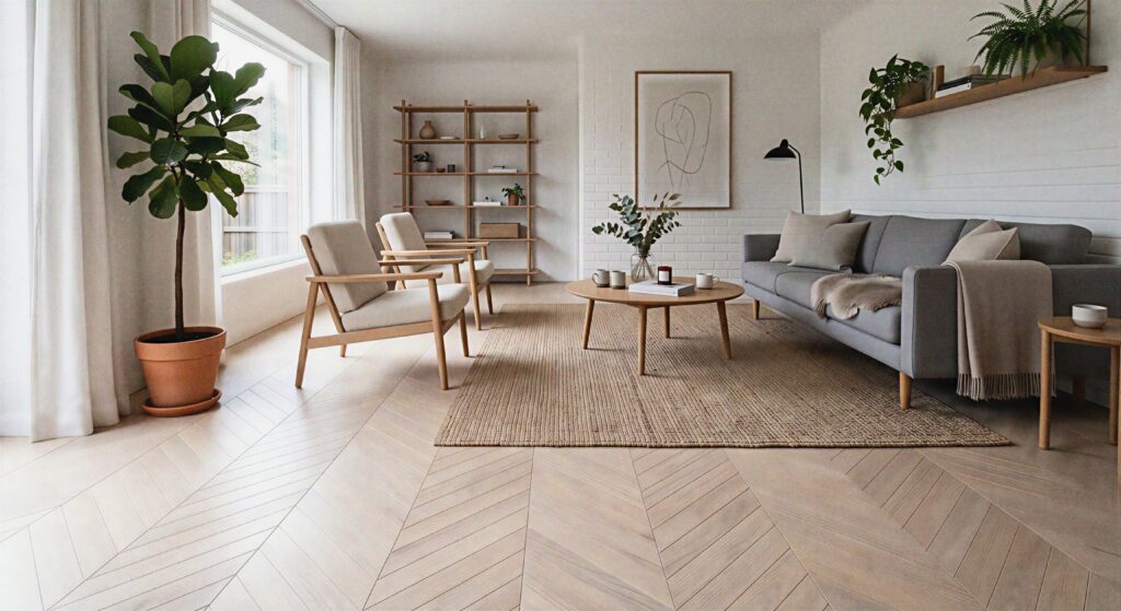 Scandinavian living room showcasing pale bleached European ash flooring in a geometric chevron pattern design.