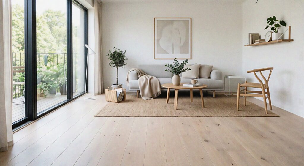 Minimalist Scandinavian living room showcasing pale bleached maple long plank engineered wood flooring. 