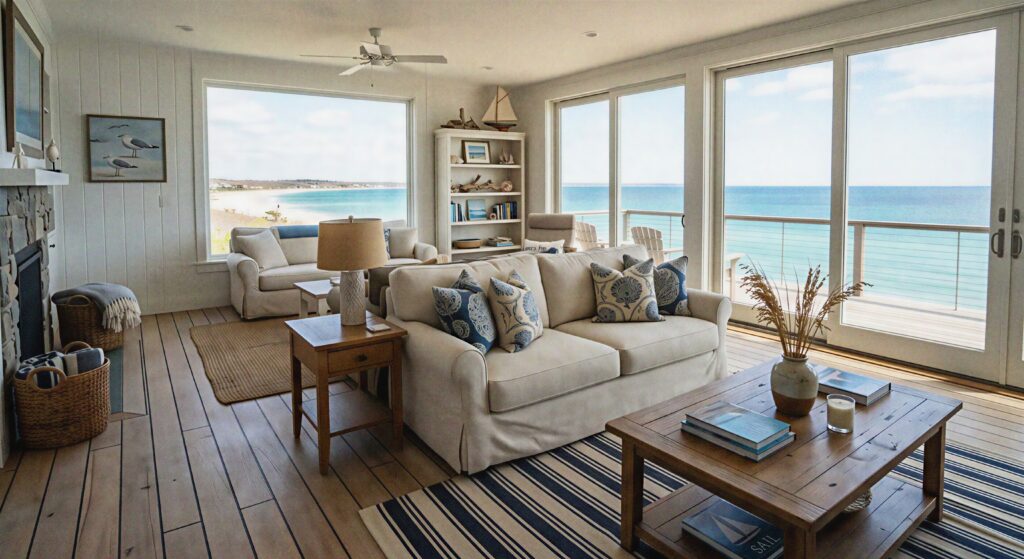 Coastal living room displaying bleached marine-grade teak flooring with black ship-decking caulk joints. 