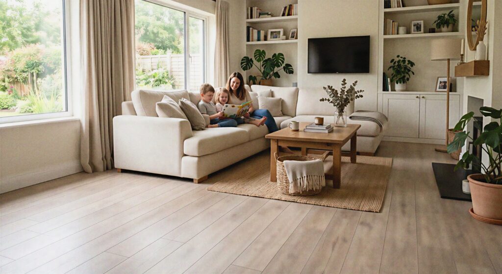 Affordable bleached walnut laminate flooring installed in a cozy, stylish family living room setup. 
