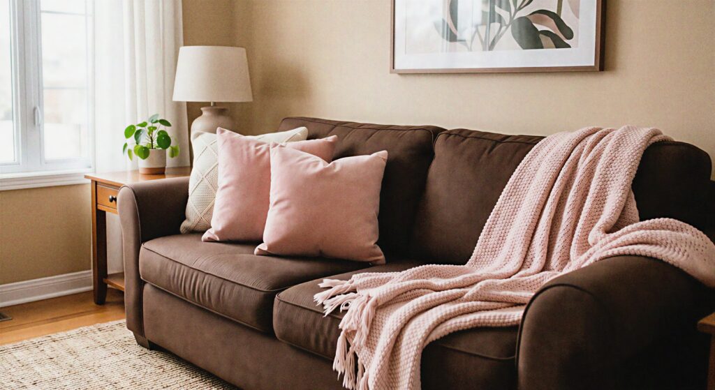  Soft blush pink pillows and a light pink throw blanket on a brown sofa. 