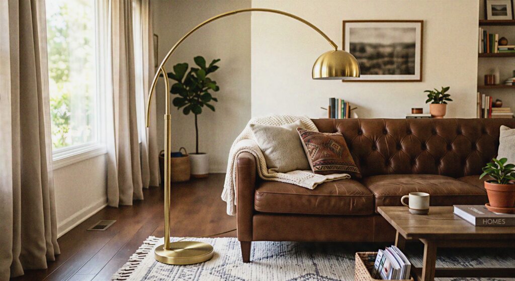 A shiny brass arched floor lamp standing next to a brown leather couch. 