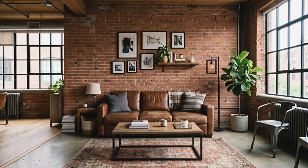 An industrial living room with a brown leather sofa against an exposed brick wall.