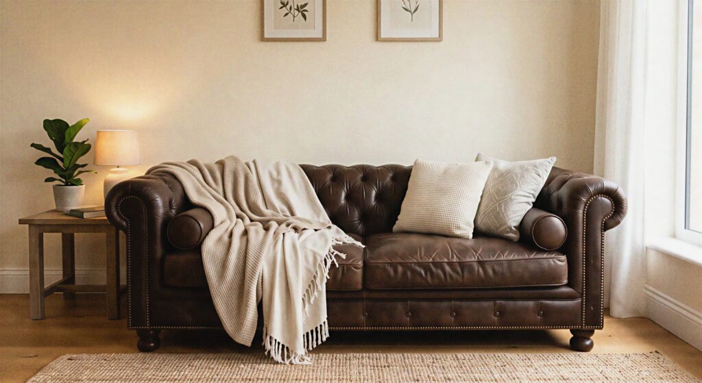 A dark brown leather sofa against soft cream walls with light colored throw blankets.