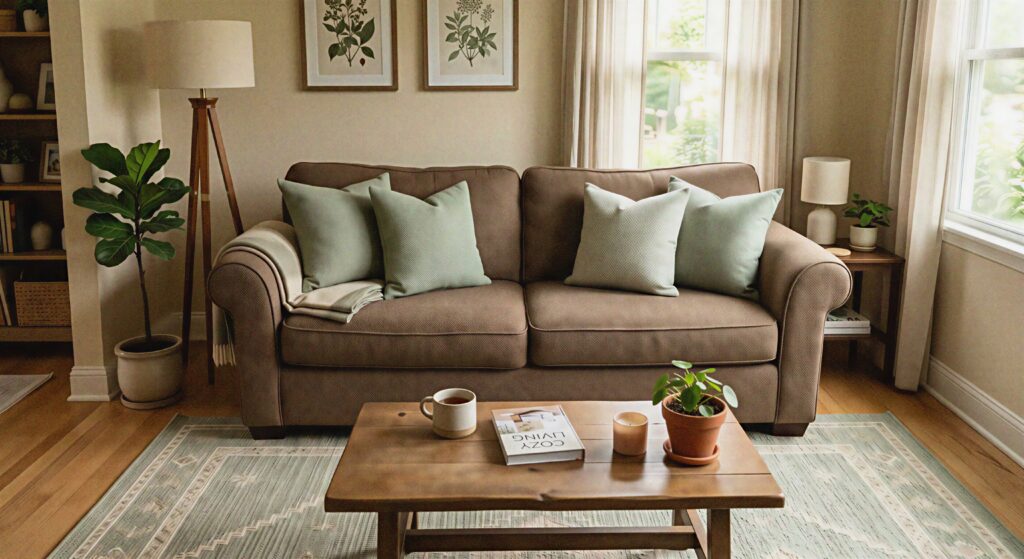 A brown fabric couch paired with sage green pillows and a matching area rug.