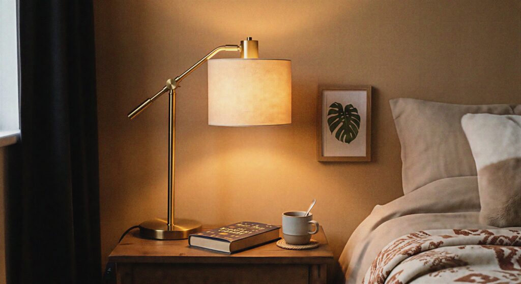 A brushed brass modern bedside lamp turned on against a warm tan bedroom wall.