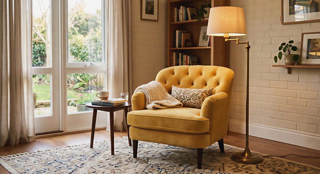 A cozy single accent chair upholstered in soft butter yellow velvet fabric sitting next to a floor lamp.
