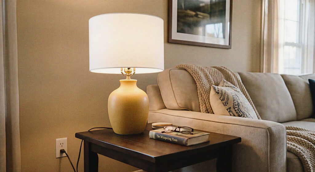 A matte butterscotch yellow ceramic table lamp with a white shade sitting on a dark wood end table next to a sofa.