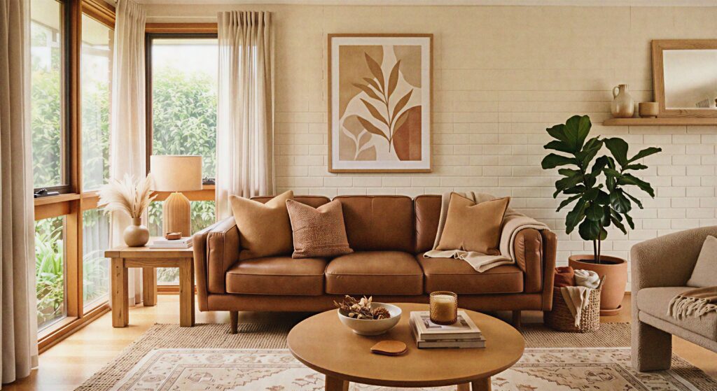 A living room featuring a brown couch, camel pillows, and tan decor elements.