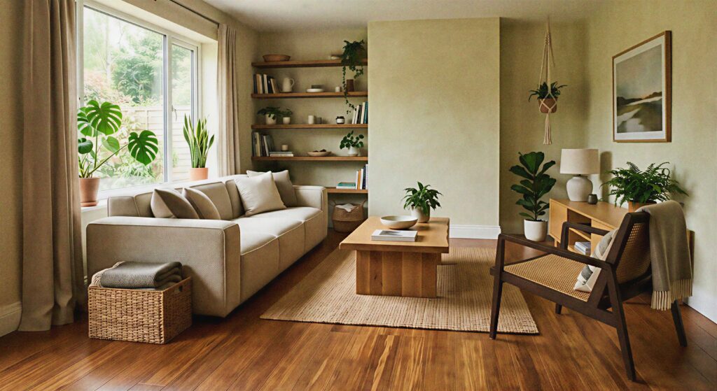 Sustainable living room design with warm caramelized strand woven bamboo flooring and modern eco-friendly furniture. 