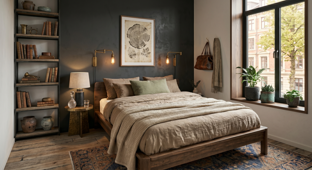 A dark charcoal accent wall behind a bed with warm bedside lamp lighting.