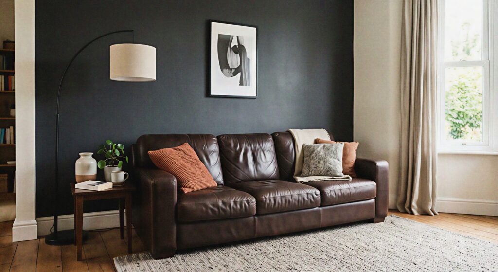  A dark brown sofa sitting against a deep charcoal gray accent wall.
