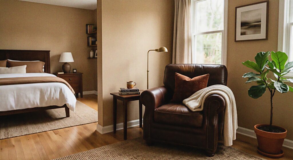  A warm tan bedroom featuring a deep chocolate brown leather armchair in the corner.