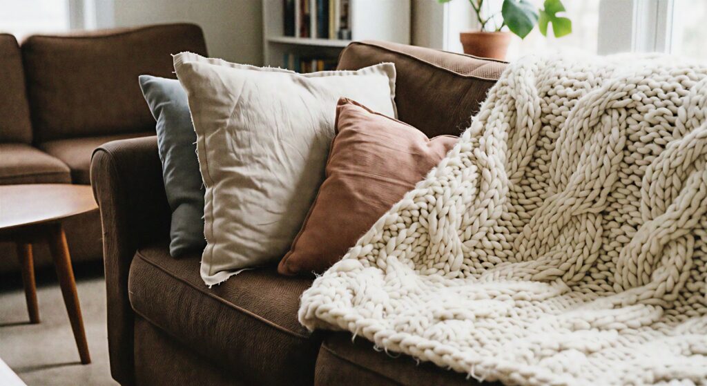  Close up of a textured chunky knit blanket and linen pillows on a brown sofa.