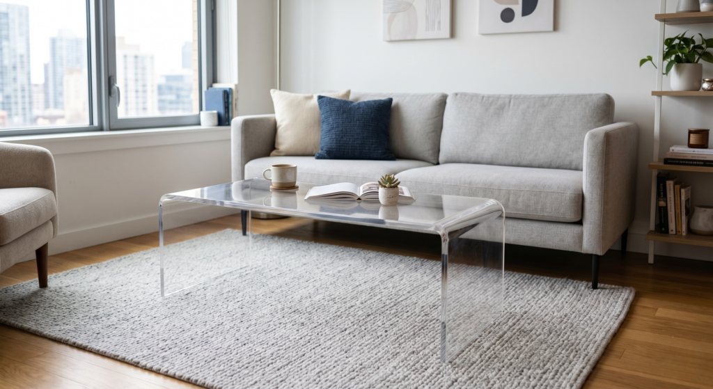 A transparent acrylic waterfall coffee table in a small modern apartment.