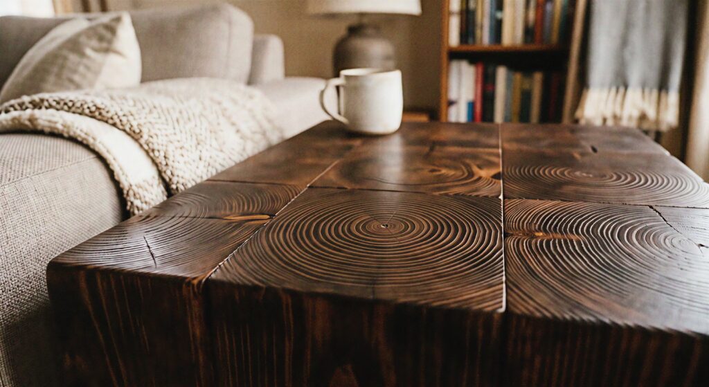 A close-up view of a living room featuring rich cocoa tinted end grain wood blocks showing circular growth rings.