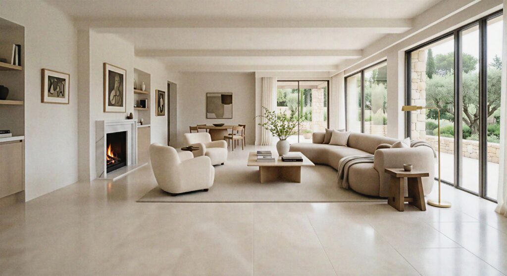 Luxurious light-filled living room featuring large format creamy alabaster polished limestone tile flooring.