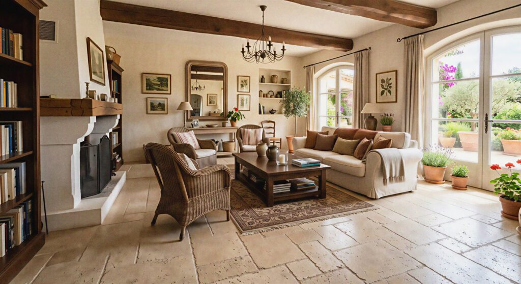  Mediterranean style living room with tumbled creamy travertine stone tile flooring arranged in a classic French pattern. 
