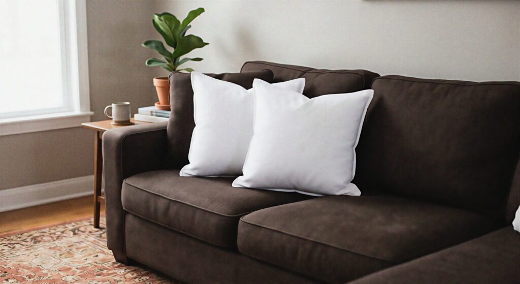 Stark white square pillows contrasting against a dark brown fabric couch.