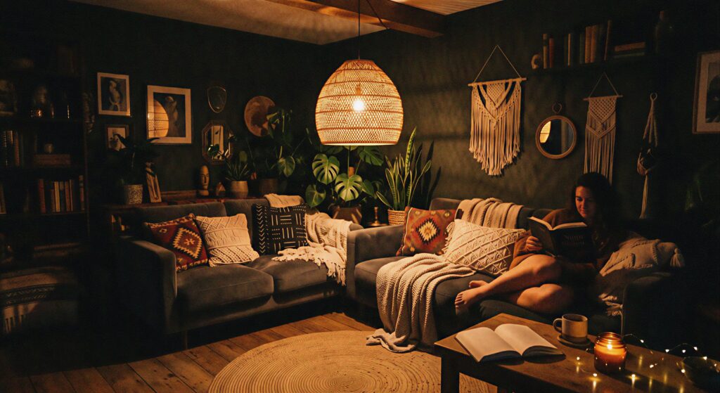 Warm amber light filtering through a rattan lampshade in a dark boho living room at night. 