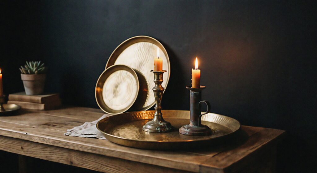 Hammered brass trays and tarnished metal candle holders glowing softly against a matte black wall.